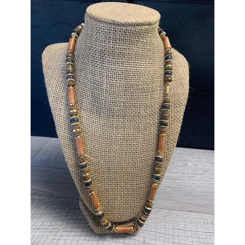 Vintage Wood and Stone Beaded Necklace Gold Tone Barrel Clasp 24 Inch Boho